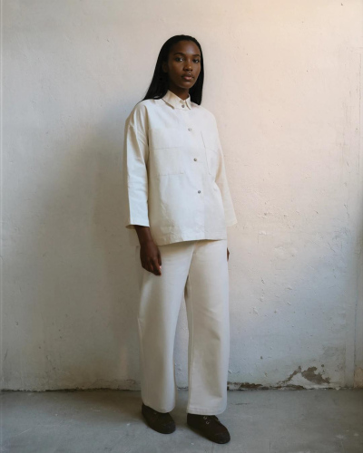 100% washed raw cotton. Featuring 2 front pockets. Mother of pearl buttons. Made in Spain